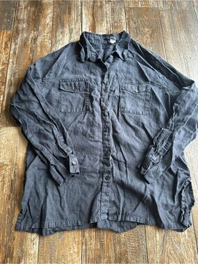 Lino by Chico's Black 100% Linen Button Down Shirt Summer Side Slit Women 3/XL